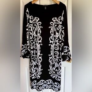 INC International Concepts Black & White Baroque Scroll Shift Dress Bell Sleeves